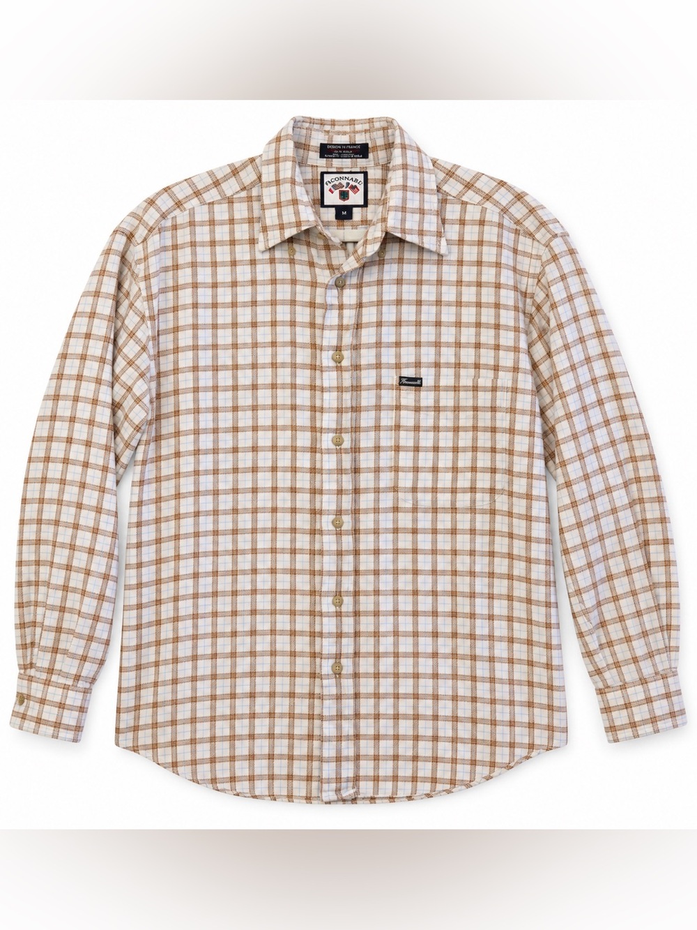 Faconnable Mens M Plaid 100% Cotton Button Down Shirt France Brown Cream
